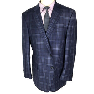 46L Peter Millar Mens 2 Button 100% Wool Bazer Sport Coat Navy Glen Check